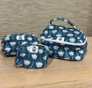 Cosmetic Bag, Blue with White Floral (3 Piece Set)