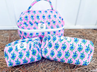 Cosmetic Bag, Pink with Blue Floral (3 Piece Set)